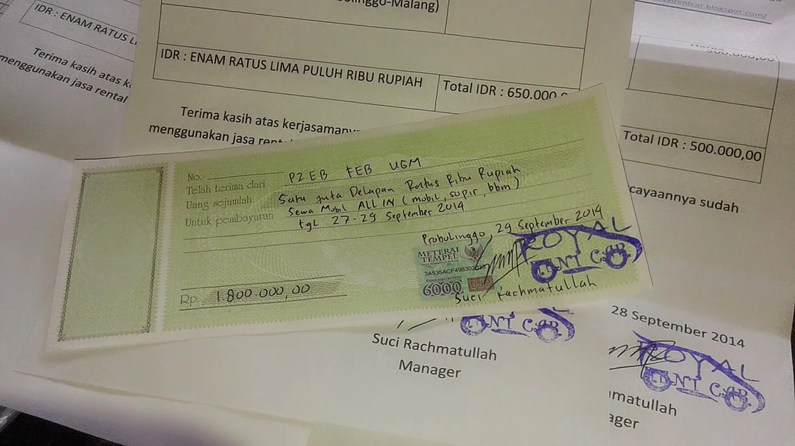 cara menulis kwitansi rental mobil